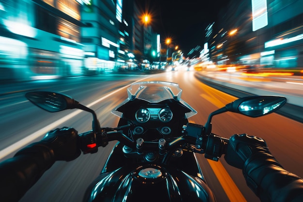スポーツ・バイクで照らされた街をハイスピードで夜に乗る