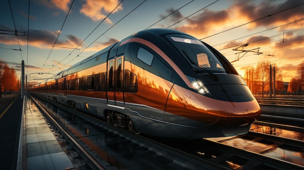 A highspeed passenger train glides along the railroad tracks during a picturesque sunset