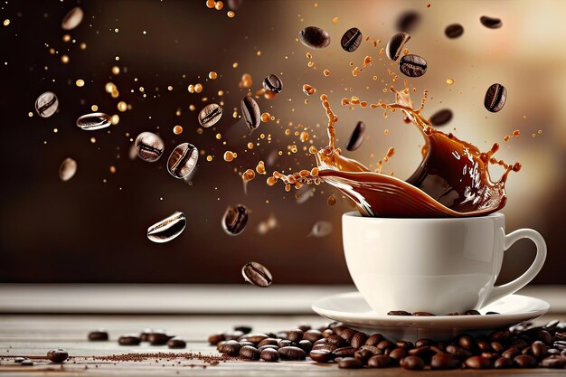 A highspeed photograph capturing a lively splash of coffee with beans suspended in air against a warm backdrop