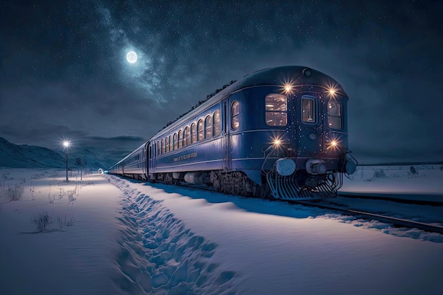 Highspeed Polar Express-trein rijdt door besneeuwd nachtveld