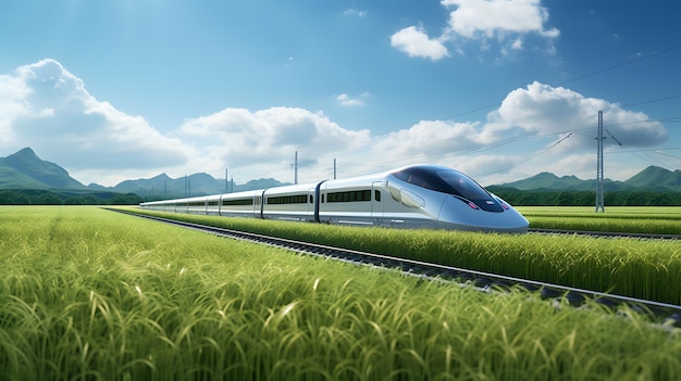 Highspeed rail transports through scenic landscape and nature views