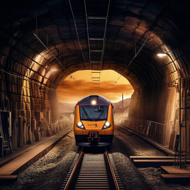 Highspeed red passenger train rushing through the railway in the evening at sunset