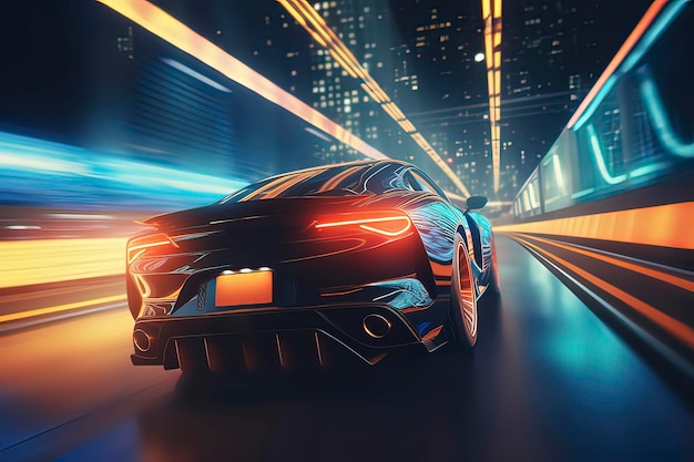 Photo a highspeed sports car driving at night ai technology generated image