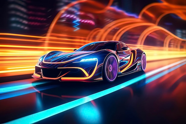 Высокоскоростной спортивный автомобиль, едущий ночью, технология искусственного интеллекта создала изображение