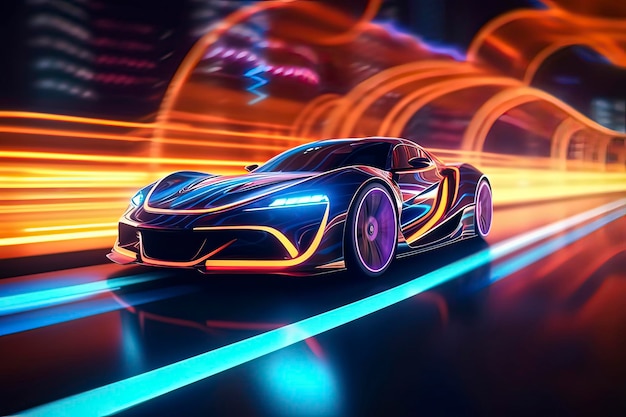 Photo a highspeed sports car driving at night ai technology generated image