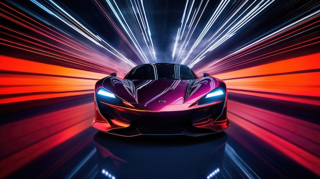 Photo highspeed sports car racing through a futuristic tunnel adorned with mesmerizing neon lights reflecting off the sleek surface of the car high speed racing dynamic and electrifying scene