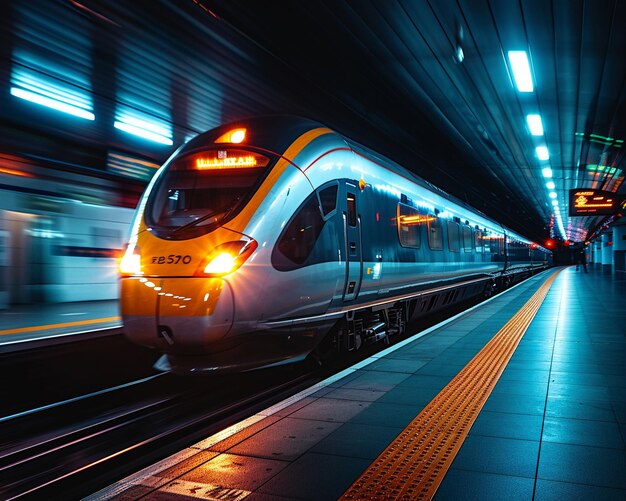 Photo highspeed train departing station with a blur of movement