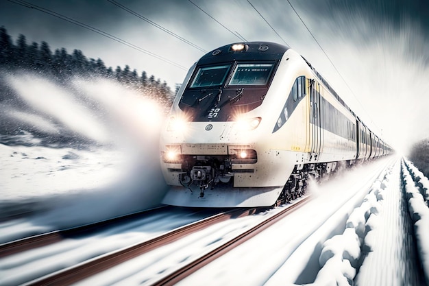 Highspeed train railway transport rushing through snow on road