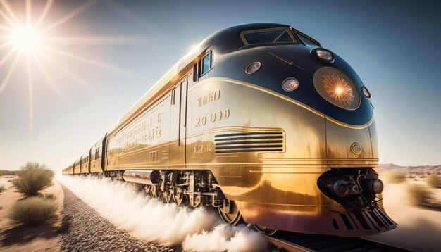 A highspeed train rushes along the tracks on a sunny day