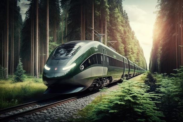 背景に鬱蒼とした森を背景に、滑らかな鋼鉄軌道を走る高速列車