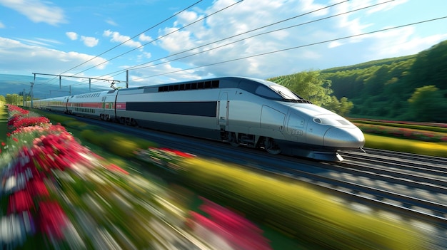 A highspeed train speeding through the French countryside