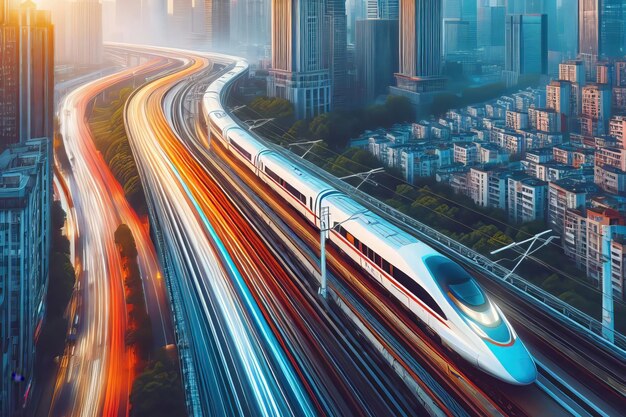 Photo a highspeed train travels on rails at high speed between modern houses in the city