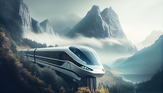 Highspeed train travels through the fog tin mountains Generative AI