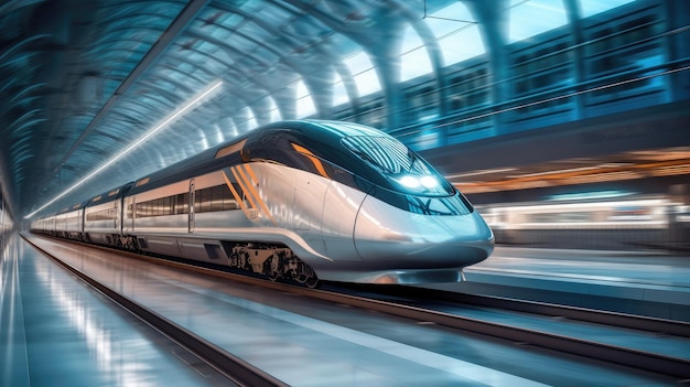 Photo highspeed train whizzing through a futuristic station 4xjpg