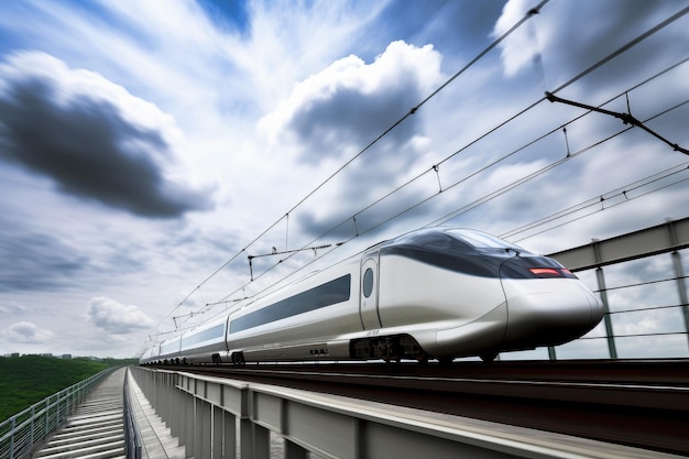 Highspeed train with clouds in the background racing over bridge