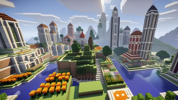 高度な詳細なMinecraft 庭園のVoxel都市スタイルの植物と花がたくさんある都市