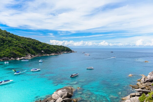 Hight view on tropical turquoise lagoon with sandy beach and tropical forest , Similan Island, Phuke