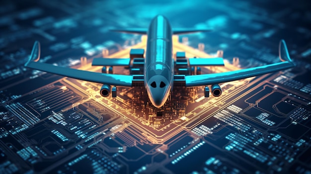 하이테크 어드벤처 Arafed 비행기가 Blue Horizon의 회로 기판 위로 솟아오름 Generative AI