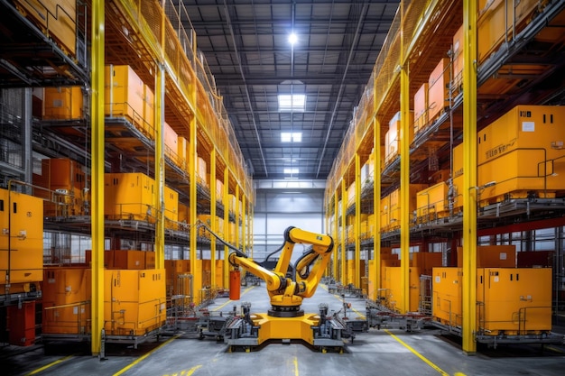 Hightech automated warehouse with robotic arms created with generative ai