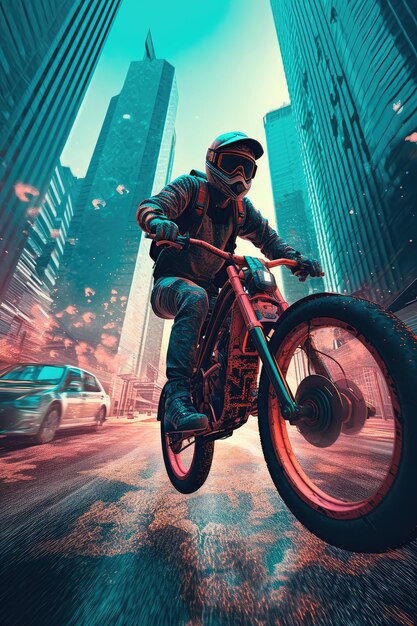 A hightech bicycle with antigravity technology that proves it through the sky above a cityscape Generative AI