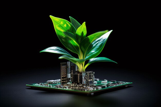 HighTech Botanical Marvel A Thriving Plant Emerging from a Circuit Board Generative AI