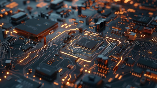 ハイテク回路板と輝く接続 複雑な電子回路板のクローズアップ データ伝送と高度な技術を象徴する輝くオレンジ色の線