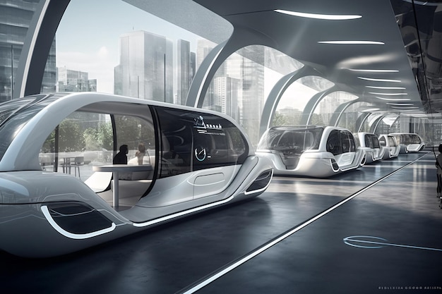 HighTech City Bus Transporting Passengers in Futuristic Tunnel with Urban Landscape Generative AI