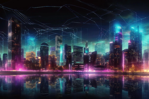 Hightech City Skyline с голографическими рекламными щитами Генеративный AI