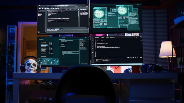 Hightech computersysteem met kwaadaardige code in een leeg appartement.