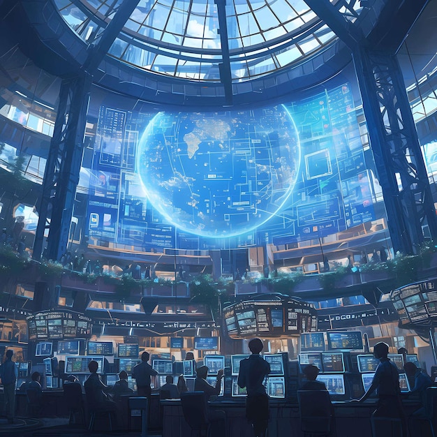 Photo hightech control center with holographic earth projection