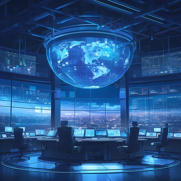 HighTech Control Room with World Map