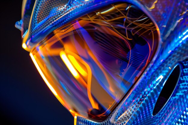 Photo hightech custom cyclist helmet closeup with intricate design reflecting bright velodrome lights