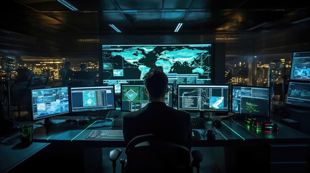 Hightech cybersecurity control room with blue and green hues single operator