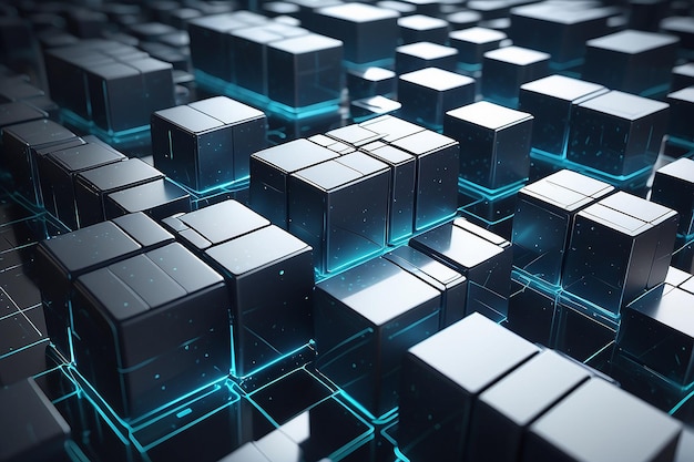 Hightech and data capture Square blocks are collected in a cubic array against the background of a digital field 3d blockchain concept illustration Creation of artificial intelligence