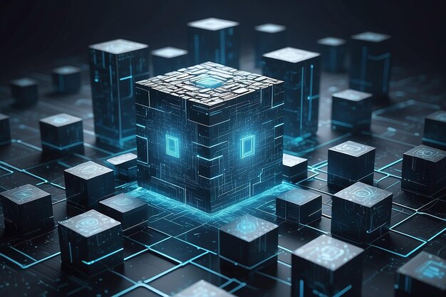 hightech and data capture square blocks are collected in a cubic array against the background of a digital field 3d blockchain concept illustration creation of artificial intelligence
