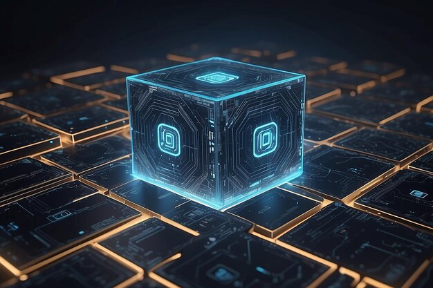 hightech and data capture square blocks are collected in a cubic array against the background of a digital field 3d blockchain concept illustration creation of artificial intelligence