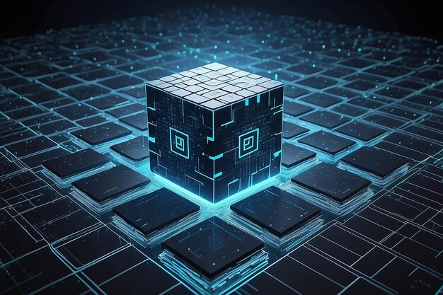 hightech and data capture square blocks are collected in a cubic array against the background of a digital field 3d blockchain concept illustration creation of artificial intelligence