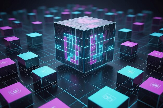 hightech and data capture square blocks are collected in a cubic array against the background of a digital field 3d blockchain concept illustration creation of artificial intelligence