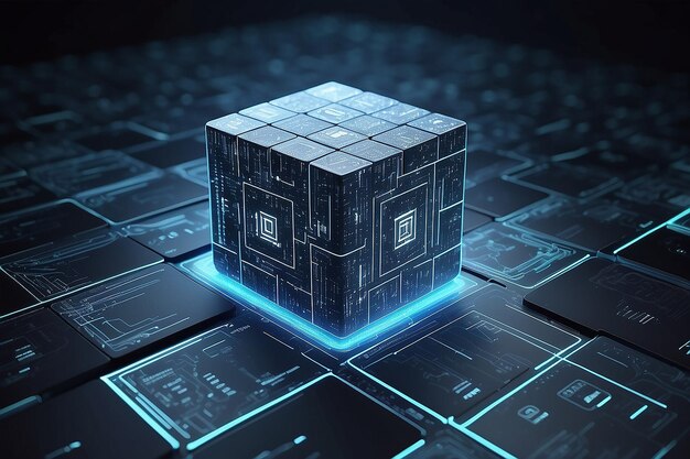 hightech and data capture square blocks are collected in a cubic array against the background of a digital field 3d blockchain concept illustration creation of artificial intelligence