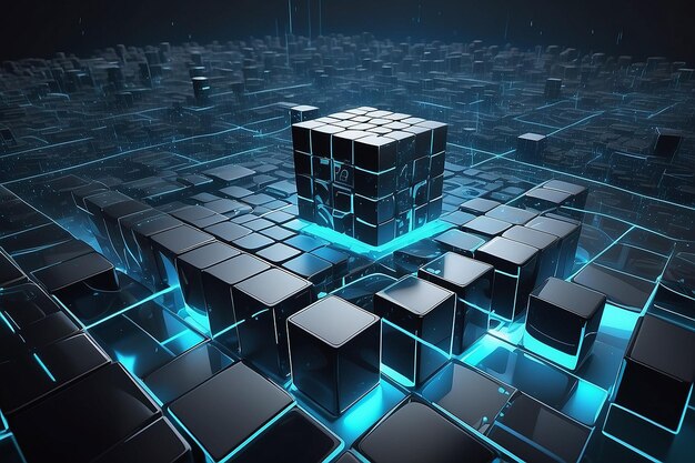 hightech and data capture square blocks are collected in a cubic array against the background of a digital field 3d blockchain concept illustration creation of artificial intelligence