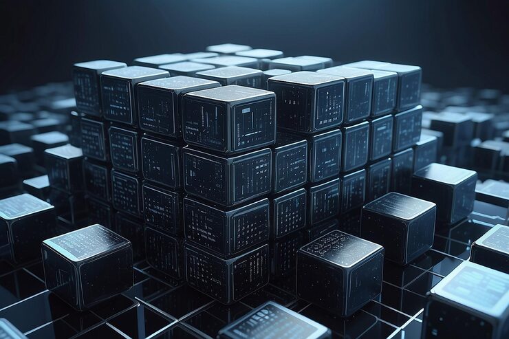 Photo hightech and data capture square blocks are collected in a cubic array against the background of a digital field 3d blockchain concept illustration creation of artificial intelligence