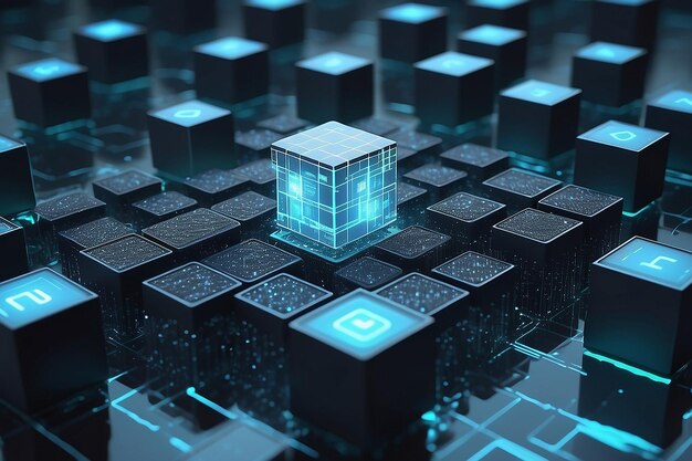 hightech and data capture square blocks are collected in a cubic array against the background of a digital field 3d blockchain concept illustration creation of artificial intelligence