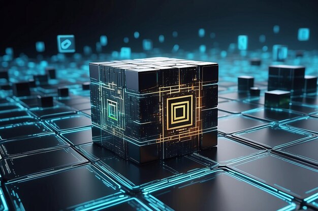 hightech and data capture square blocks are collected in a cubic array against the background of a digital field 3d blockchain concept illustration creation of artificial intelligence
