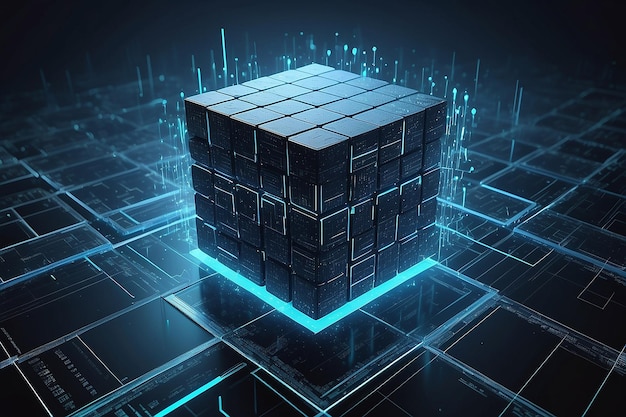 hightech and data capture square blocks are collected in a cubic array against the background of a digital field 3d blockchain concept illustration creation of artificial intelligence