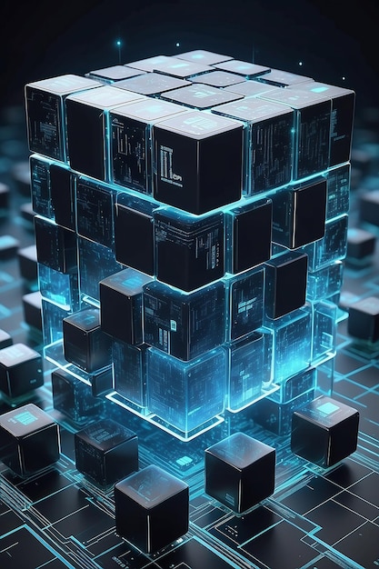 hightech and data capture square blocks are collected in a cubic array against the background of a digital field 3d blockchain concept illustration creation of artificial intelligence