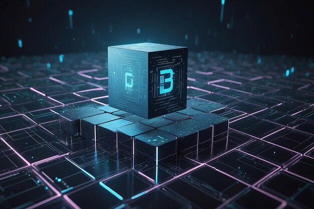 hightech and data capture square blocks are collected in a cubic array against the background of a digital field 3d blockchain concept illustration creation of artificial intelligence