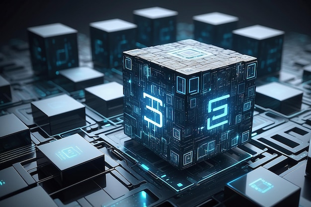 hightech and data capture square blocks are collected in a cubic array against the background of a digital field 3d blockchain concept illustration creation of artificial intelligence