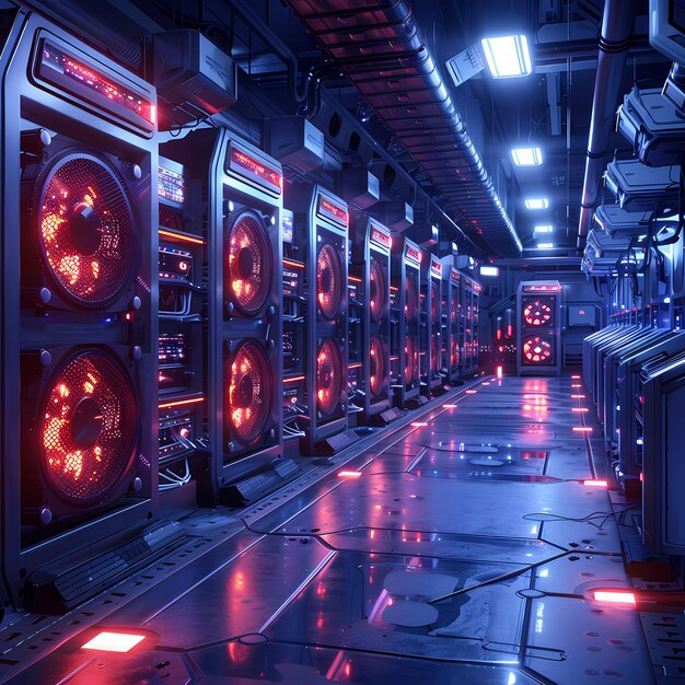 Photo hightech data center with red and blue lights