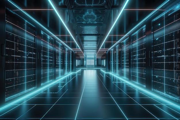 Hightech datacenter met futuristische inrichting en strakke technologie gecreëerd met generatieve AI