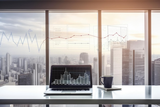 Hightech desk surrounded by screens and gadgets with the city skyline visible in the background Generative AI